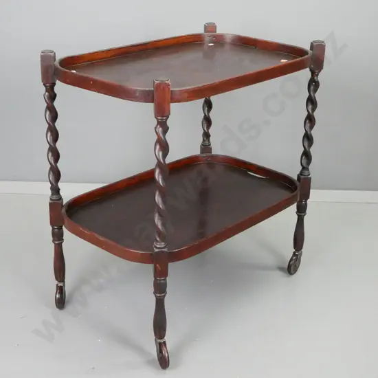 vintage dark stained oak tea trolley with oval shaped top, Jacobean twist legs - top surface scratched and stained H-760