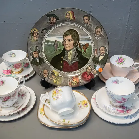 assorted English china - Royal Doulton Robbie Burns plate D-275 and 5 trios - 4 Royal Albert and one Aynsley