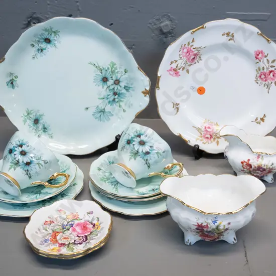assorted bone china - 2 Royal Albert turquoise floral trios and a cake plate, a Royal Crown Derby cake plate, Hammersley