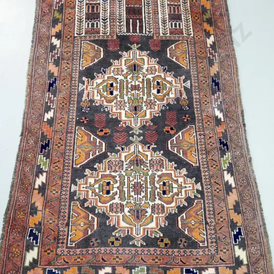 Persian style hand-knotted wool rug - orange, green and multi colour fine geometric pattern L1460 W820