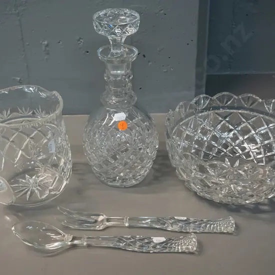 cut crystal items, no maker's marks - salad bowl with servers, water jug, and stoppered decanter H-270