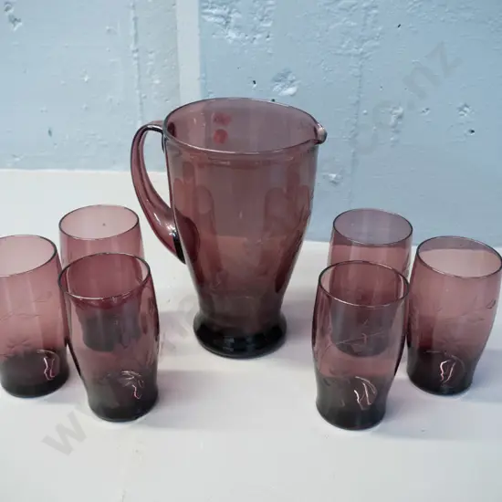 etched amethyst glass floral motif water set - jug H-195 W-155 and 6 glasses