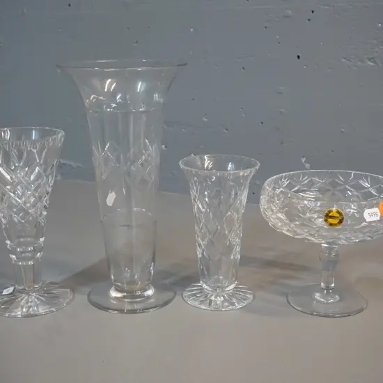 4 pieces of cut crystal - Webb-Corbett comport bowl and vase, Tudor vase H-250 and one unmarked (Stuart?) vase