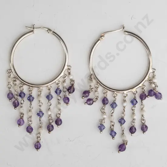pair of silver amethyst & bead earrings