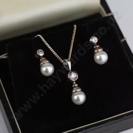 silver pearl & cz necklace & earring set stamped 925