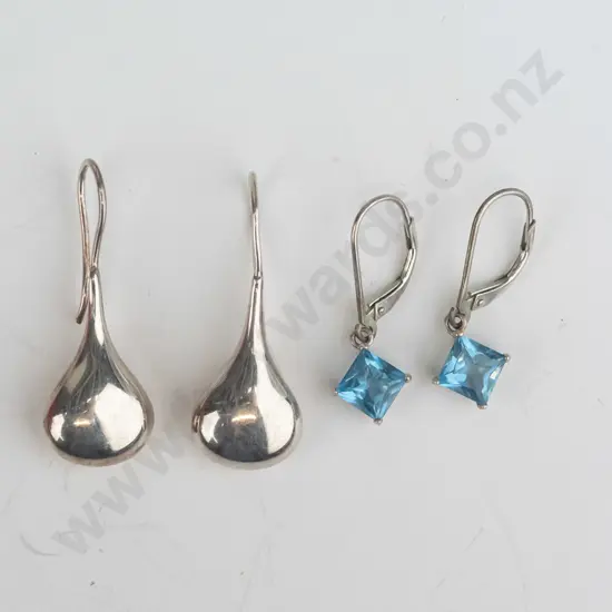 pair of aquamarine earrings stamped 925 & pair of silver earrings no mark