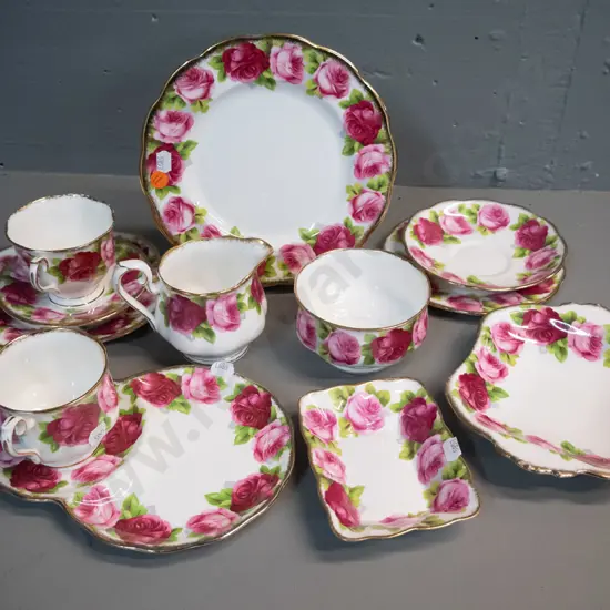 Royal Albert Old English Rose pattern teaware - trio, tennis set, cake plate, cream, sugar, spare saucer and plate