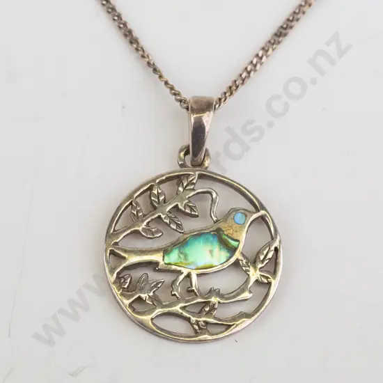 silver bird with paua shell necklace stamped 925