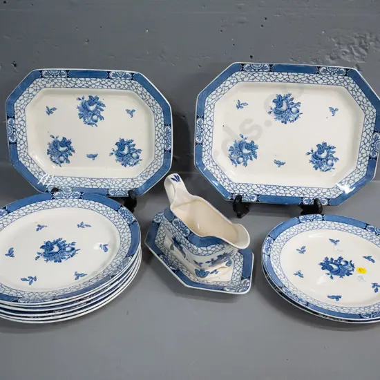 Adams "Juliet" pattern blue and white dinnerware: 2 ashettts, gravy boat and saucer, 6 dinners, 2 luncheon - larger