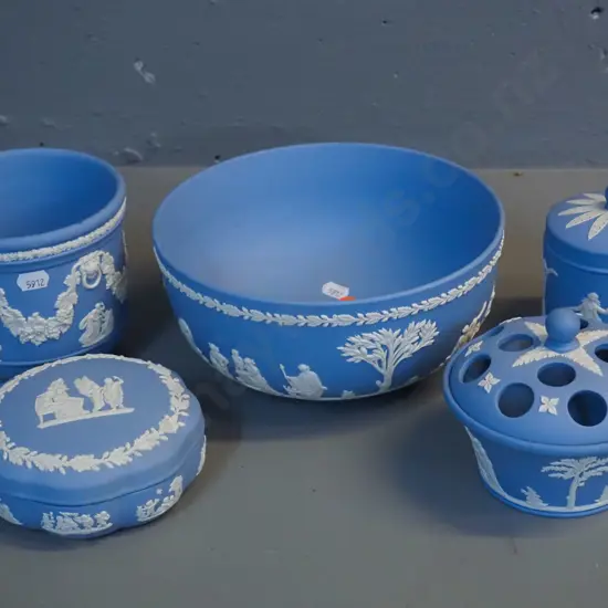 assorted Wedgwood light blue jasperware - fruit bowl, small jardiniere, lidded jewellery box, lidded pot, pierced lid