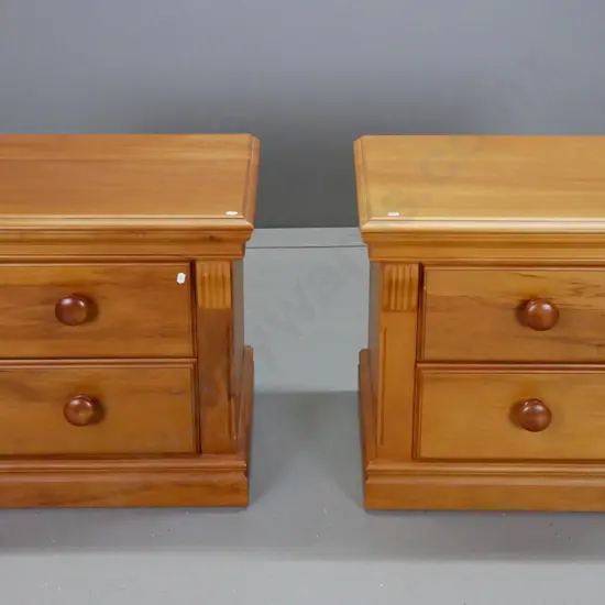 pair of reproduction colonial style 2-drawer bedside cabinets with timber knobs, stepped top and shaped corbels - some