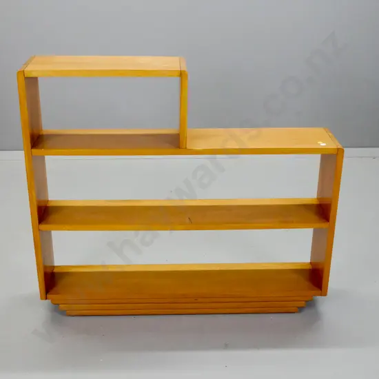 mid-century rimu stepped open bookcase - some marks to polish on top, a bit of flex H-810 W-920 D-175