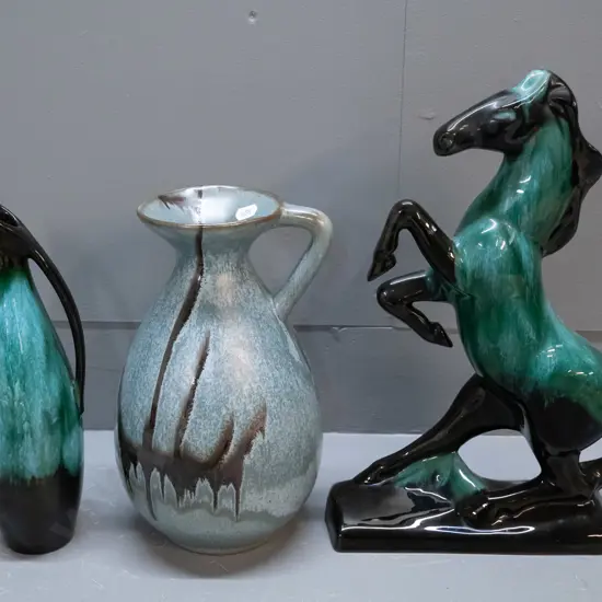 3 Blue Mountain pottery items - rearing horse figure H360 w/ small glaze fleck at top, ewer jug and handled vase