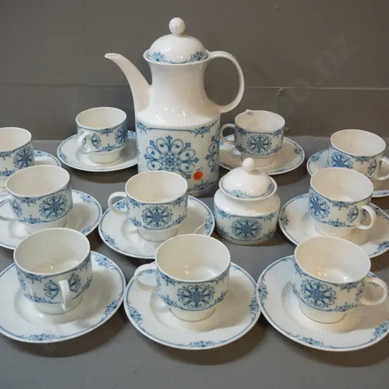 coffee set with 10 cups & saucers, coffee pot H-250 W-195, lidded sugar, no creamer. Marked Kaiser Echt Kobalt