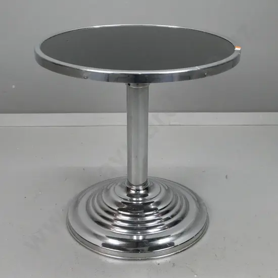 art deco circular chrome and black glass side table with stepped base - some scratches and wear H-450 D-450