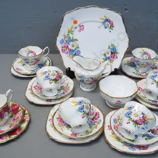 Royal Albert "Harvest Bouquet" 21-piece tea set minus a missing saucer, plus an Old English Rose trio