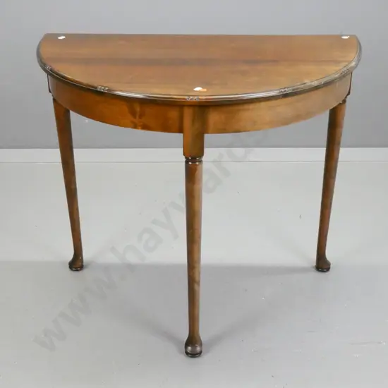 vintage half round beech hall table with 3 round tapered legs on pad feet - some water staining on top, fading to base