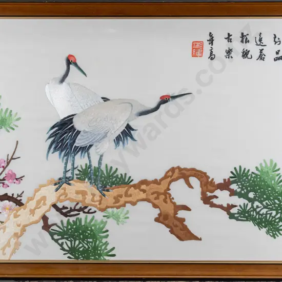 framed Asian needlework on silk - cranes H-400 W-700