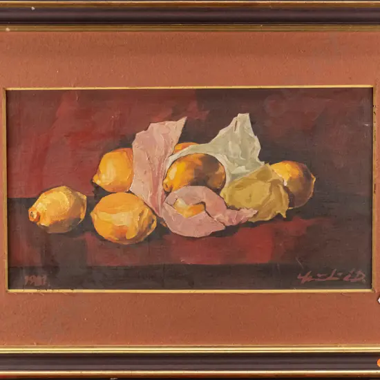 illegible signature - framed oil  - still life lemons H-250 W-460