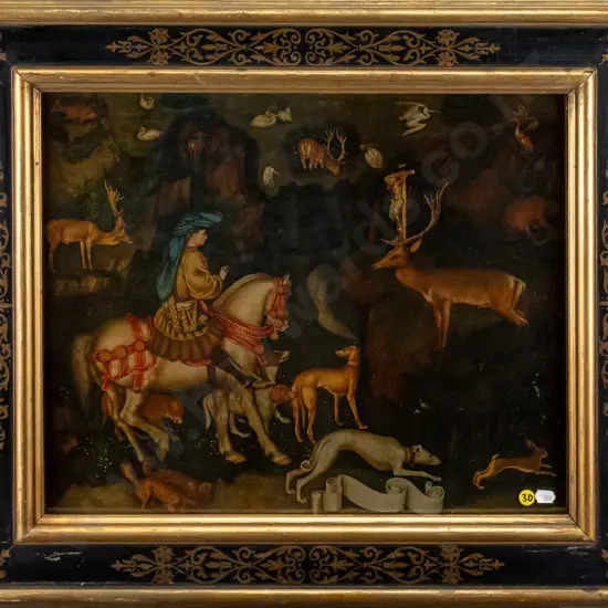 ornate framed print - Antonio Pisanello - The Vision of Saint Eustace, c. 1440 H-380 W-460 (some damage to frame)
