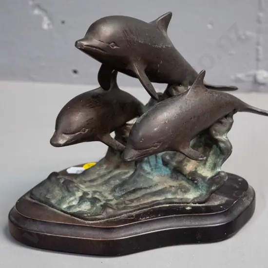 bronze finish cast metal figure of 3 dolphins, on timber base H-160 L-170