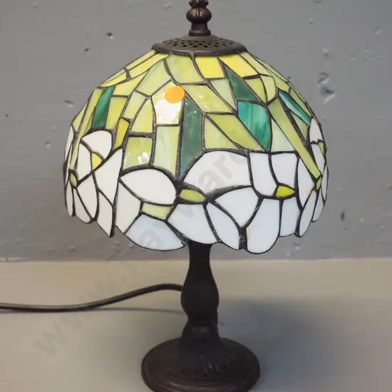 reproduction Tiffany style leadlight table lamp with bronze-finish metal base H-320 Shade D-200