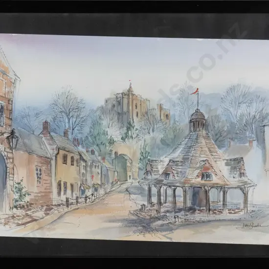 John Shooter? - framed ink and watercolour - village of Dunster in Somerset H-300 W-450 (framing needs attention)