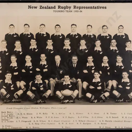 framed vintage photographic print "New Zealand Rugby Representatives 1953-54" H-380 W-500