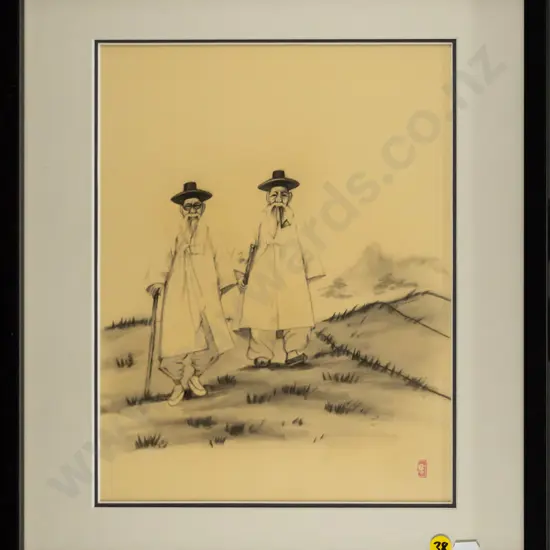 framed  Asian pencil drawing - 2 men walking H-310 W-230