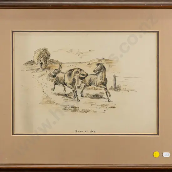 unsigned framed ink and watercolour "Horses at play" H-240 W-340