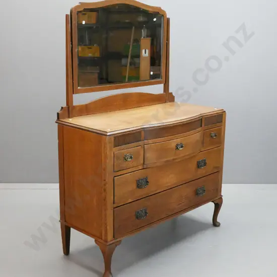 vintage deco style oak 5-drawer mirror-back dresser with shaped bevelled edge swinging mirror on square tapered supports