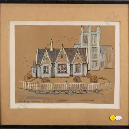 Jolly - framed ink and watercolour - Otago Boys High School H-210 W-270