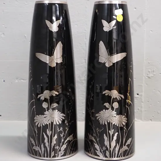 pair of dark amethyst art glass vases with silver butterfly and flower designs H-325
