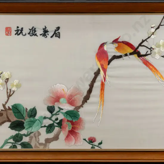 framed Asian needlework on silk - birds and flowers H-300 W-530