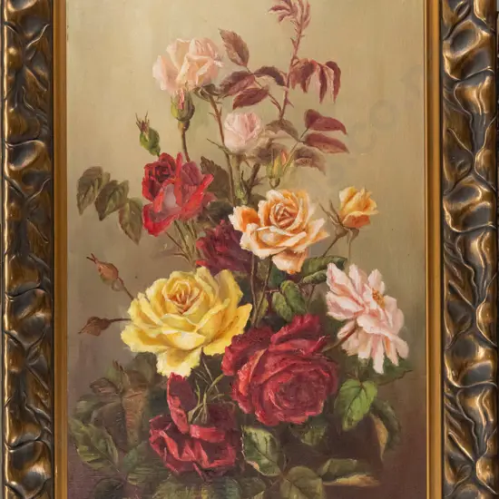 illegible signature - gilt framed oil - roses H-590 W-340