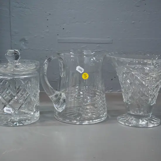 3 cut crystal items - Edinburgh jug H-150, and 2 with no maker's marks - vase with frog and lidded canister
