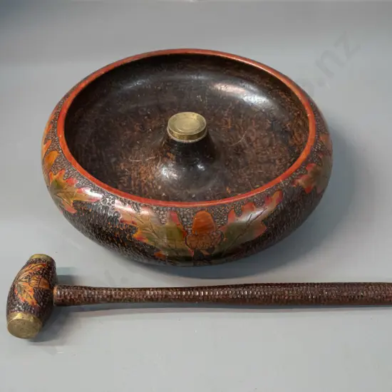 vintage chip-carved and hand painted wood and brass nut bowl with mallet D-230