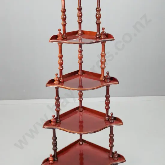 reproduction corner whatnot with 5 graduated shaped shelves, turned supports and finials H-1300 W-580 D-420