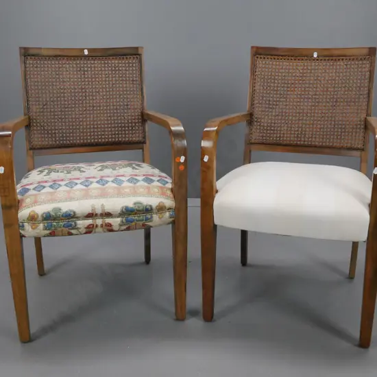 pair of beech open-arm side chairs, with woven cane back, (non matching) upholstered seats H-840 W-520 D-500