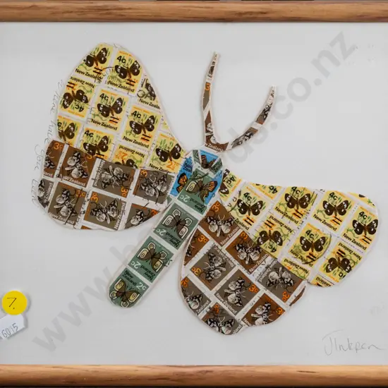 J. Inkpen - framed cut-out butterfly of New Zealand butterfly stamps - "Where Have You Been" - H220 W270 including frame