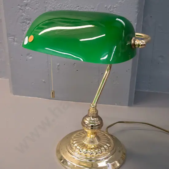 reproduction brass banker's lamp with green glass shade - some pitting / discolouration H-380 W-270