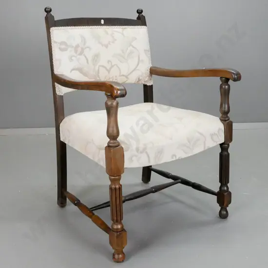 vintage mixed timber open-armed fireside chair - loose joints, wear and fading to upholstery H825 W540 D530