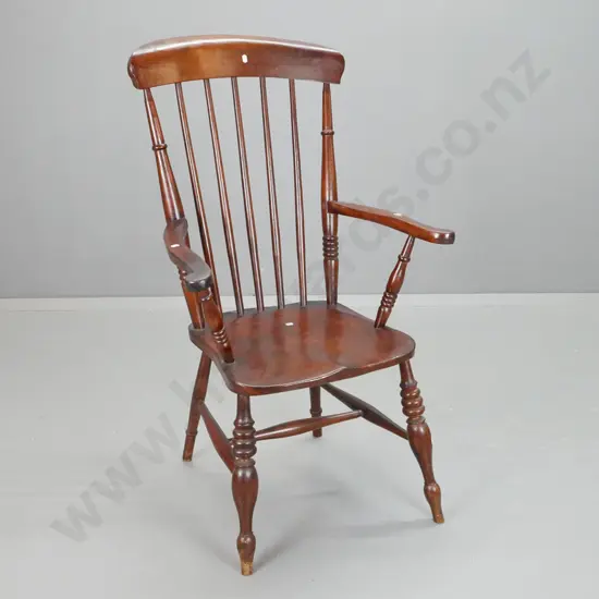 antique High Wycome spindle back Windsor chair - beech with figured elm shaped seat. Turned legs and stretcher base,