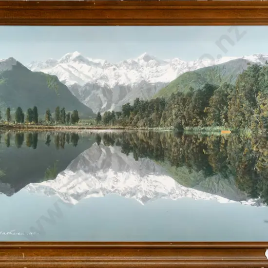 framed Whites Aviation hand coloured photograph  "Lake Matheson" H-245 W-395