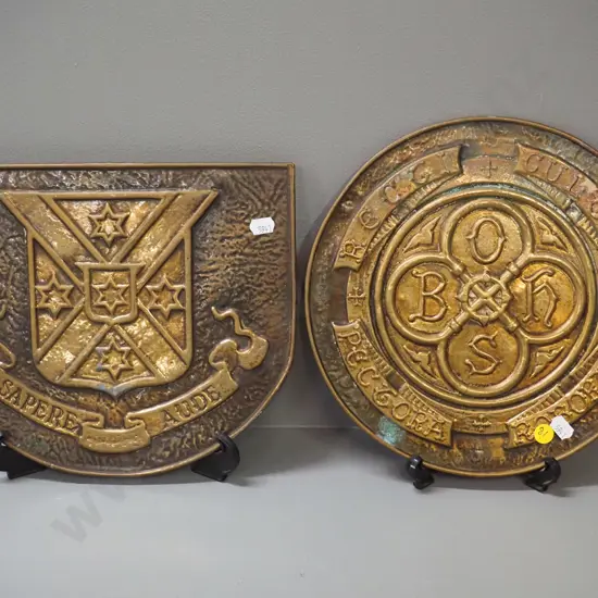 pair of pressed brass wall hanging Otago Boys High School emblems with mottos - round one is D-275