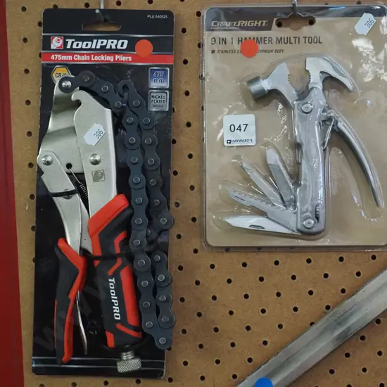 as-new Tool Pro chain locking pliers, 9 in1 hammer multi tool - red dots