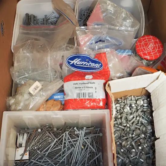 box; fasteners, nails, bolts, screws etc