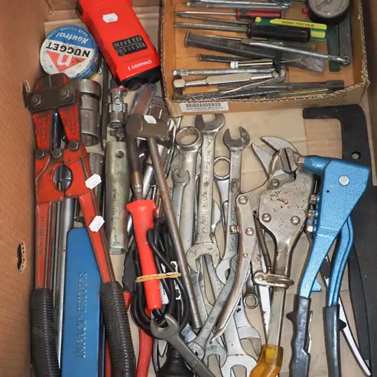 box; pop riveter, vice grips, bolt cutters etc