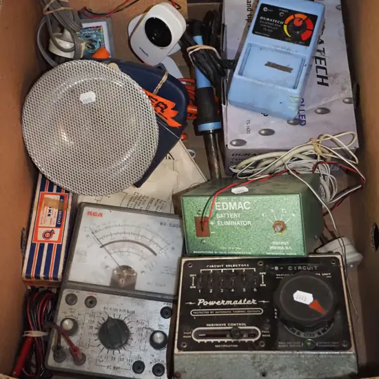 box; electrical items, voltmeters, strobe light etc
