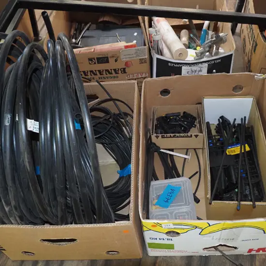 2x boxes of garden irrigation supplies; joiners, pipes, sprinklers etc - orange dots